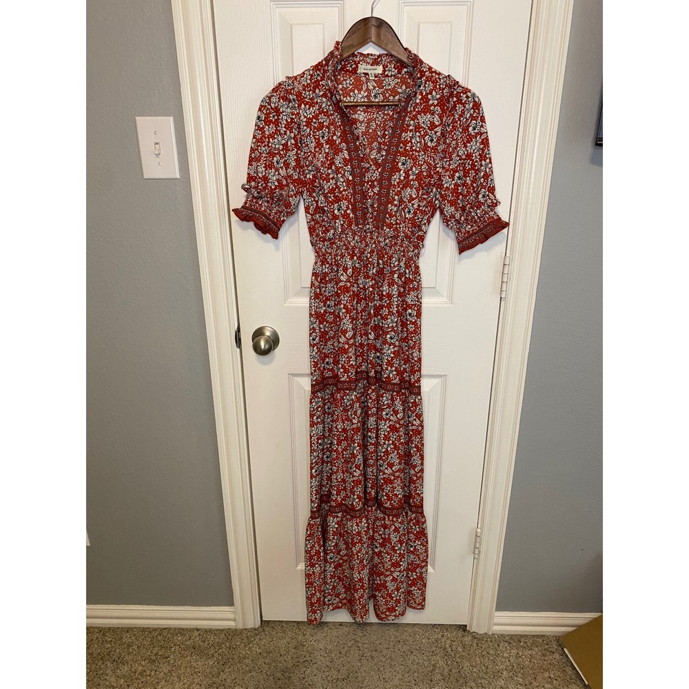Max Studio Red Floral Tiered Maxi Dress Boho Ruffle V-Neck Smocked XS